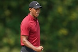 Tiger Woods pumps his fist after making a birdie putt.