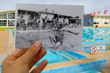 A photo of a girl jumping into a pool is held against a modern background of the pool.