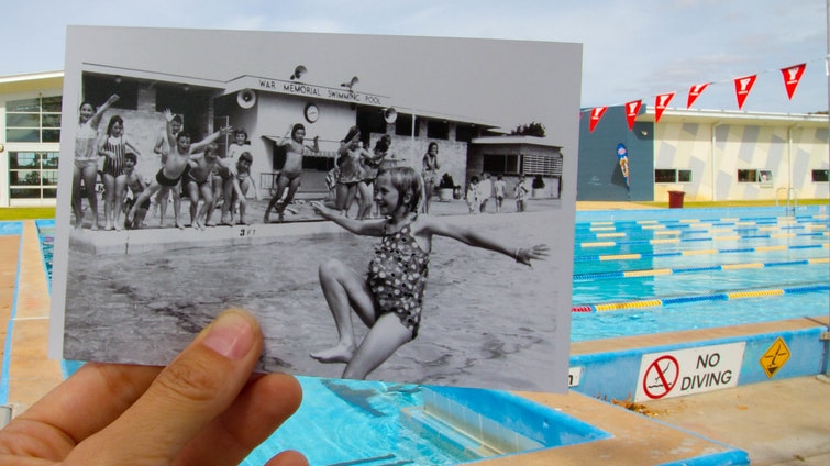 A photo of a girl jumping into a pool is held against a modern background of the pool.