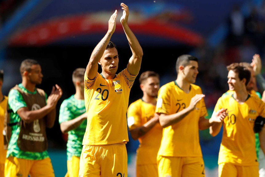 Australia's Trent Sainsbury applauds their fans after their Group C World Cup 2018 match with France at Kazan Arena