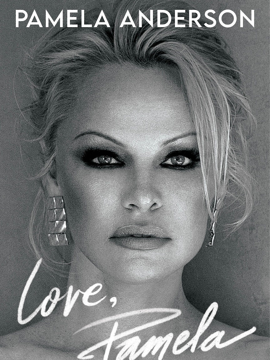 Book cover featuring an image of Pamela Anderson in black and white, hair tied back 