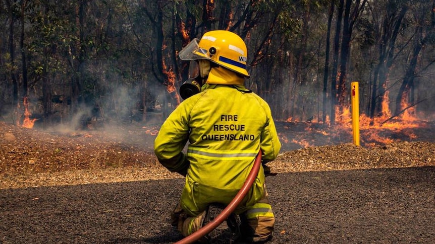 A firefighter kneels on the ground with a hose in front of a bushfire.
