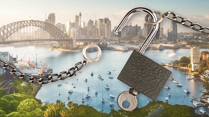 A wide shot of Sydney harbour with an unlocked padlock and chain layered across the top.