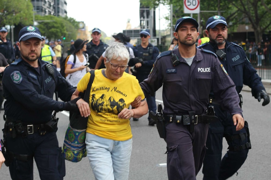 Police escort an elderly woman away.