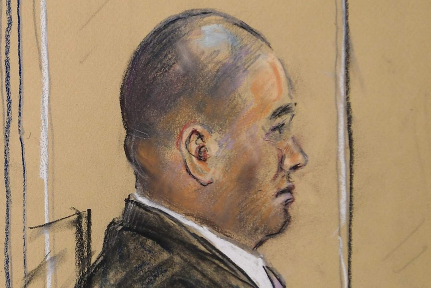 A court sketch of Tahiata, with short hair and a black suit.