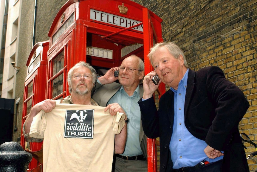 The Goodies, from left, Bill Oddie, Graeme Garden and Tim Brooke-Taylor, pose outside The Prince Charles Cinema in London.