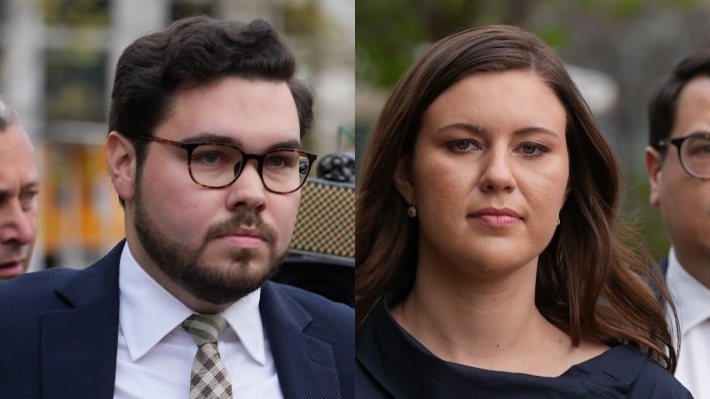 A composite image of a man with glasses in a suit and tie, and a woman with long hair.