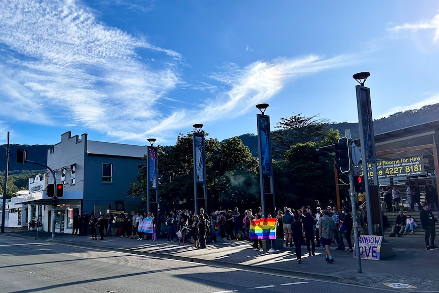 Rainbow storytime supporters rallying outside the Thirroul library