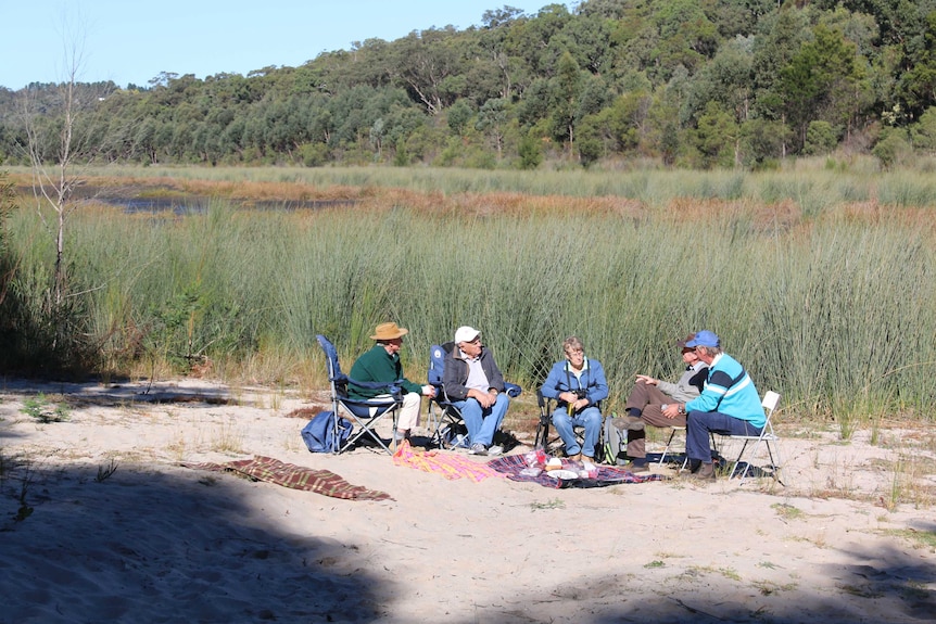 Five people sitting on camp chairs next to Thirlmere Lake land.