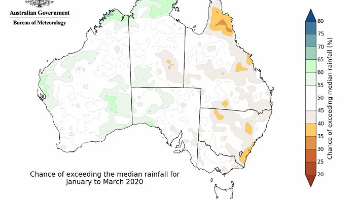 Map of Australia mainly white indicating neutral rainfall conditions January to March 2020