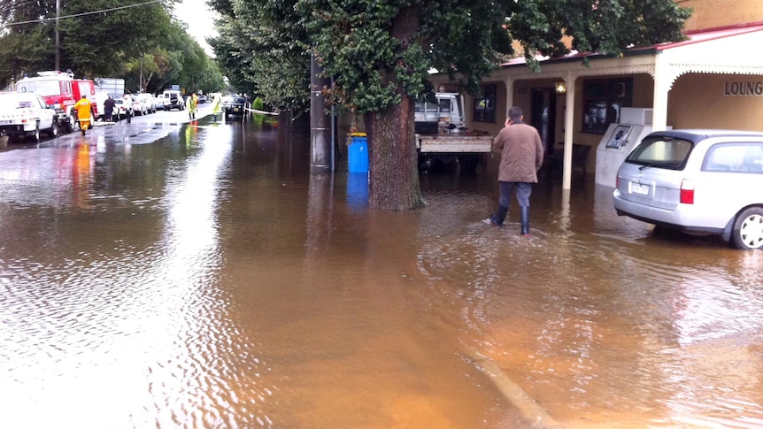 Floodwaters fill the main street in Tallygaroopna.