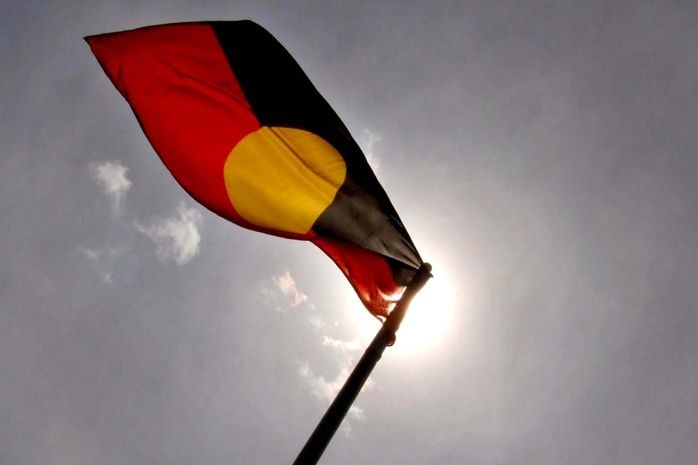 The Aboriginal flag flies at the Aboriginal tent city (Damien Larkins, ABC News)