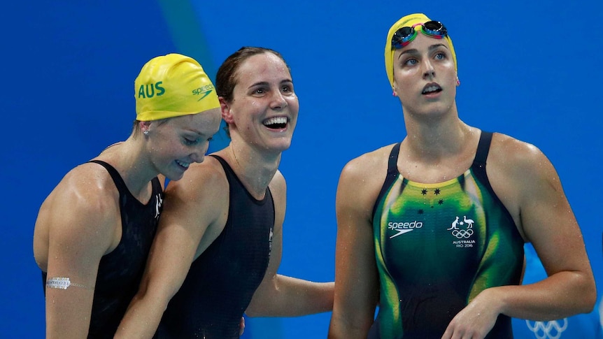 Madison Wilson, Bronte Campbell and Brittany Elmslie of Australia celebrate winning heat two