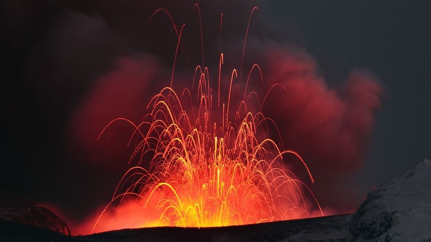 Lava spews from a volcano