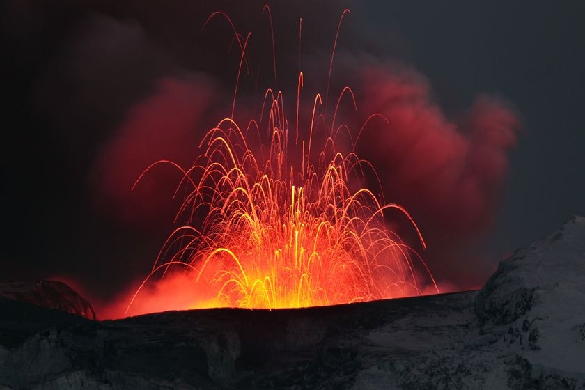 Lava spews from a volcano