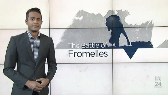 ABC Presenter Jeremy Hernandez stands in front of graph, text reads "The Battle of Fromelles"