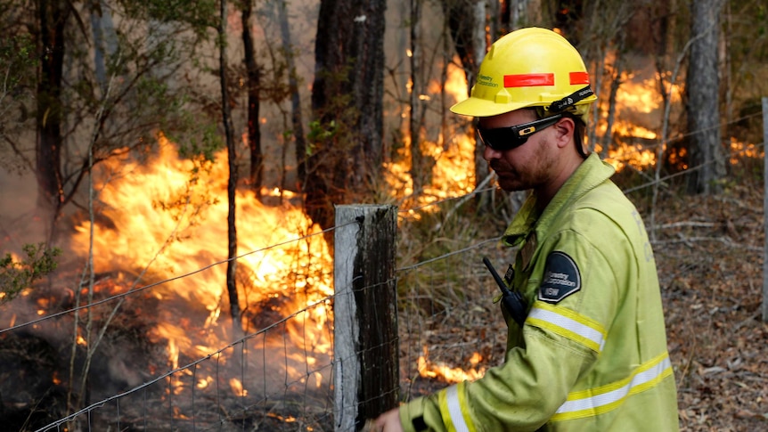 A firefighter surveys a fire while leaning on a fence in bushland