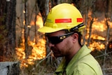 A firefighter surveys a fire while leaning on a fence in bushland