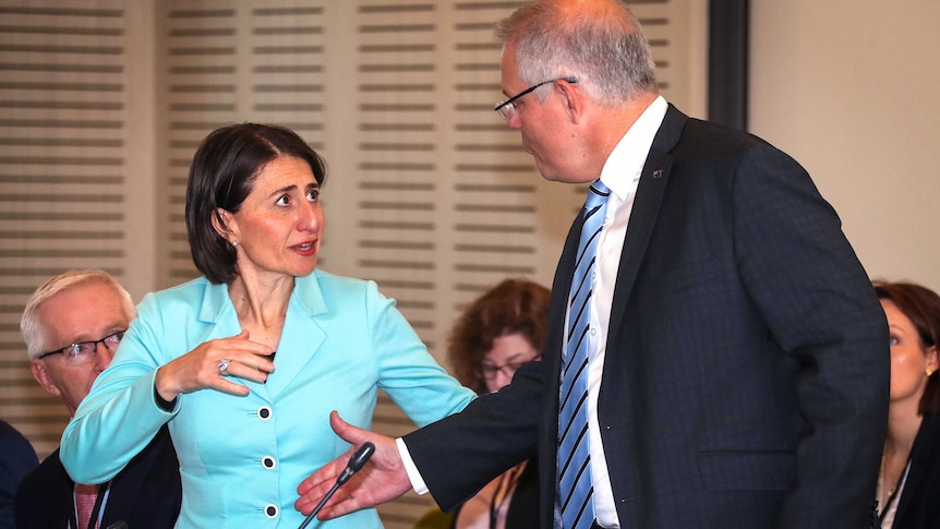 Scott Morison reaches to shake Gladys Berejiklian's hand