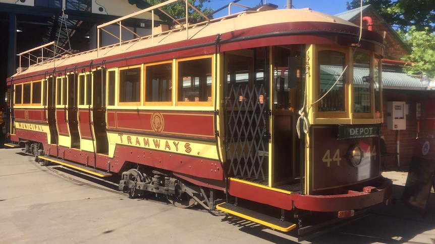 A historic tram parked at the Bendigo tram depot in February 2018.