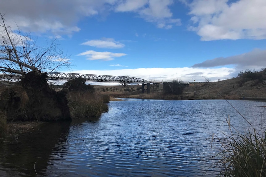 The Snowy River seen from the banks of the NSW town of Dalgety with a bridge in the bcakground.