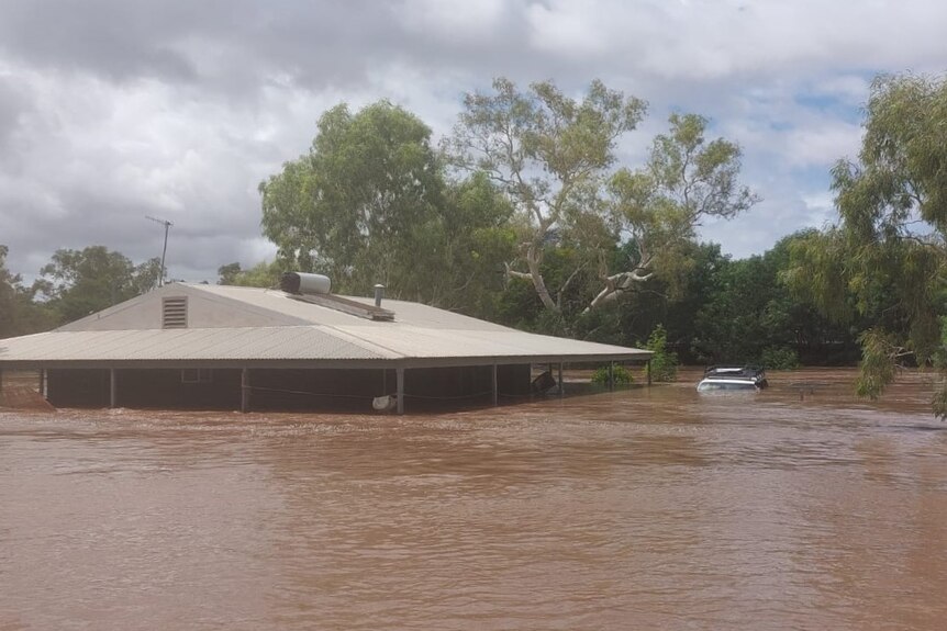 A house and car submerged in brown water with only their roof visisble and gum trees in the background.