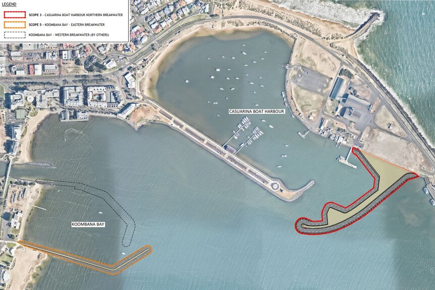 Drone shot showing plans to build a breakwater at a harbour.
