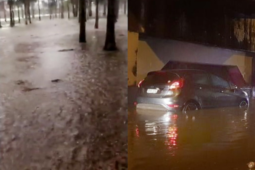 A composite image of flash flooding in a park, and a car with water coming up over the base of its tyres.