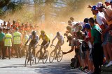 Egan Arley Bernal Gomez, Geraint Thomas (yellow) and Chris Froome ride on Tour de France stage 12.