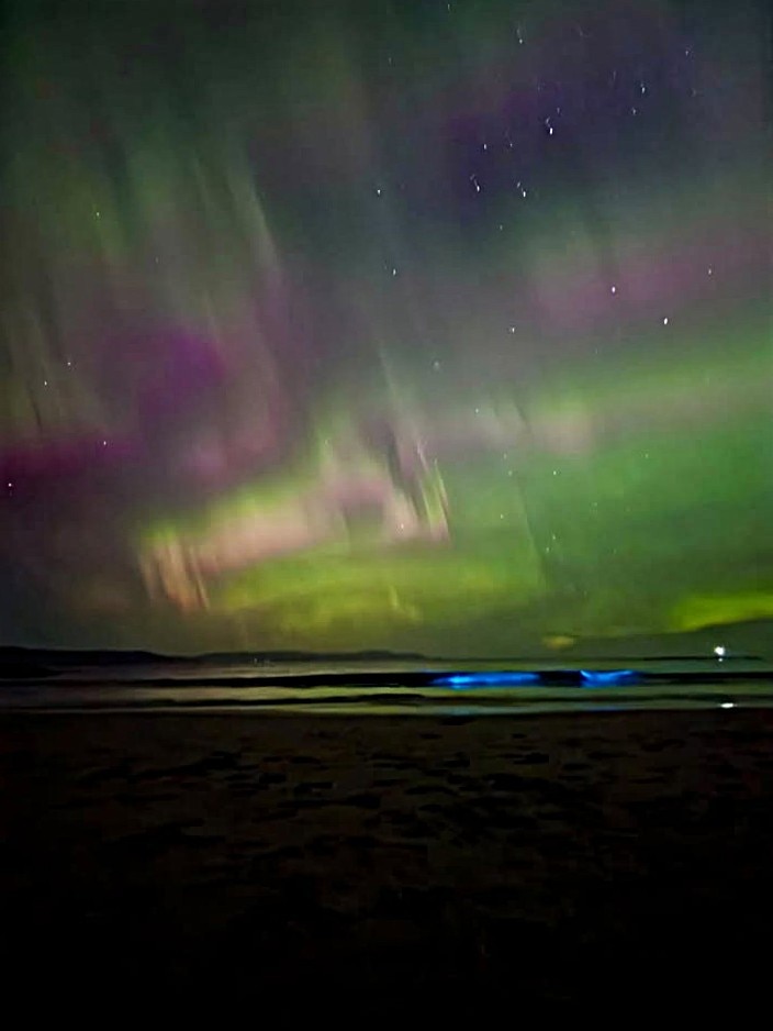 Aurora australis e bioluminescência em uma praia.