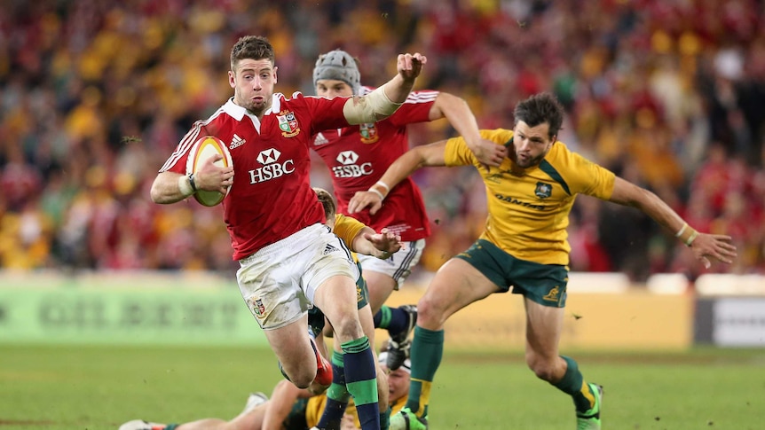 Alex Cuthbert breaks clear to score for the British and Irish Lions against the Wallabies.