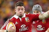 Alex Cuthbert breaks clear to score for the British and Irish Lions against the Wallabies.