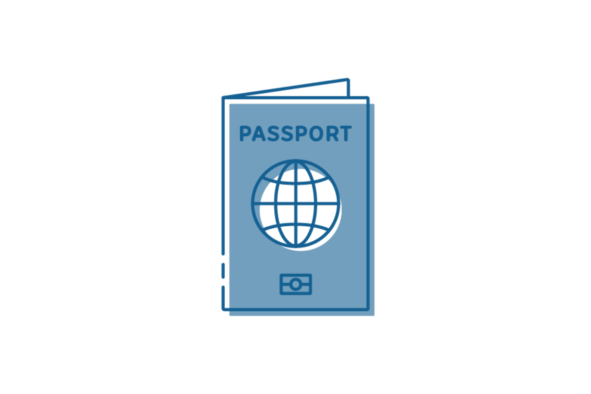 Icon drawing of passport with globe on the front.