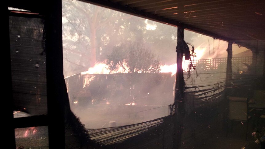 A bushfire roars towards a house at Winmalee.