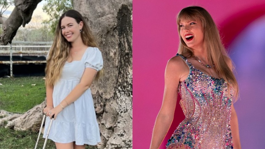 A composite of a young girl with long hair and suitcase, and a blonde Taylor Swift on stage wearing a sparkly pink body suit.