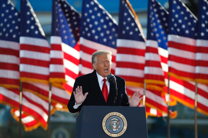 A man wearing a dark suit with a red tie holds his hands in the air while standing at a podium with US flags behind him.