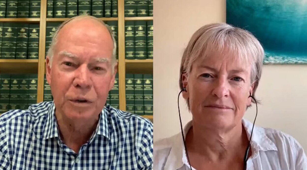 A man and woman talk on an online stream.