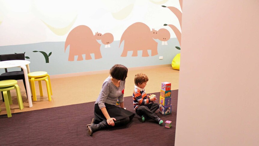 A woman and child play in a room decorated with pastel coloured hippos