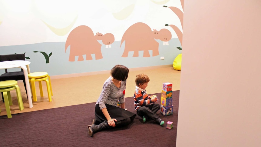 A woman and child play in a room decorated with pastel coloured hippos