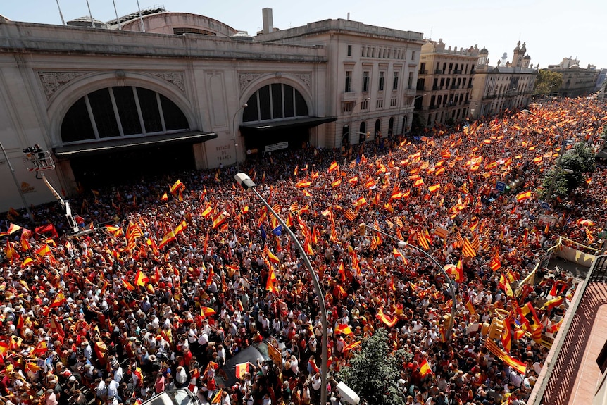 A pro-union demonstration organised by the Catalan Civil Society organisation makes its way through the streets of Barcelona.