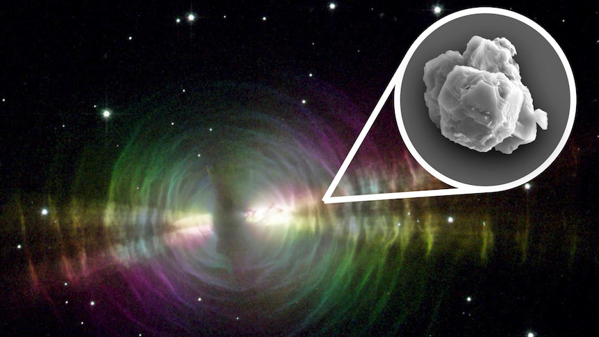A rainbow image of the Egg Nebula and inset a presolar silicon carbide grain.