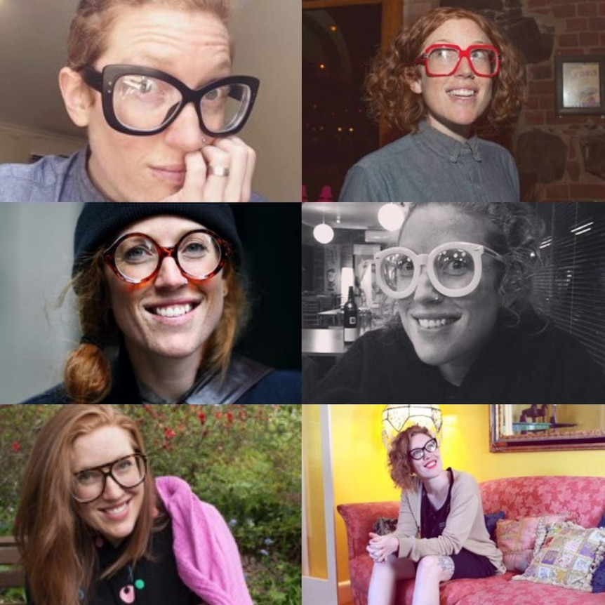 Six photos of the same woman wearing different glasses