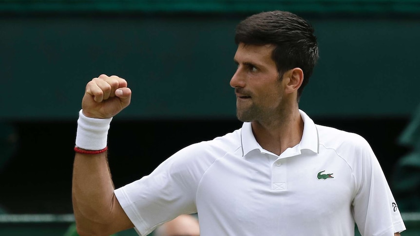 Novak Djokovic pumps his fist and looks to the side.
