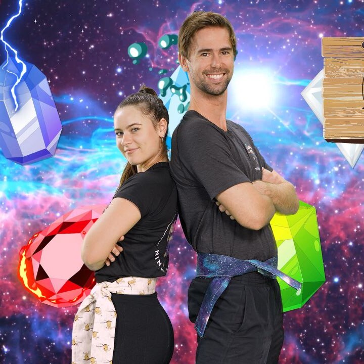 Two secret ninjas from Canberra's secret ninja school standing against a backdrop of stars with gems