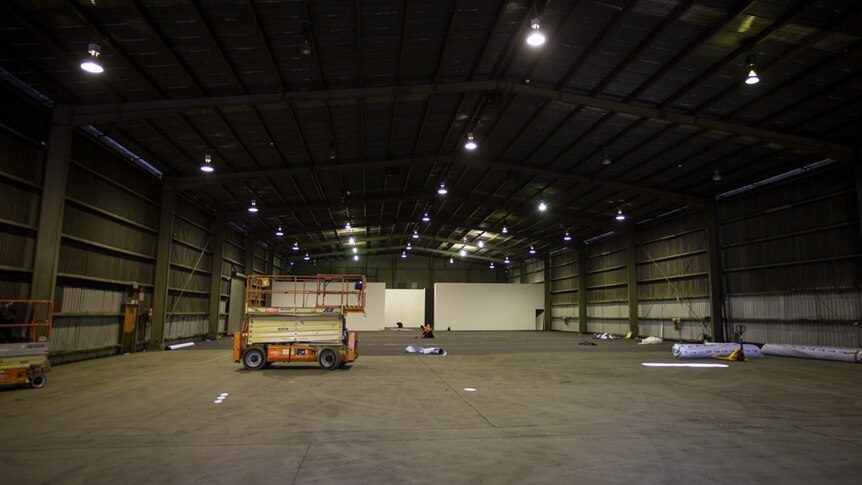 The former Searoad shed is being turned in to a room for a light show in Dark Mofo.