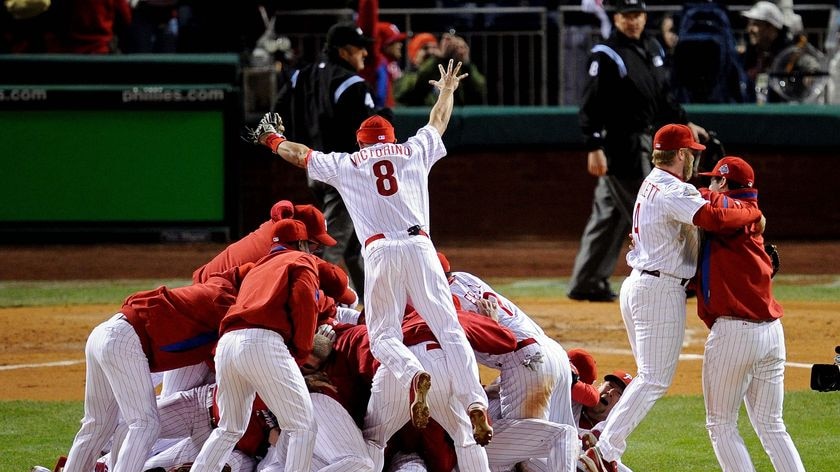 The Philadelphia Phillies celebrate a World Series championship following a  4-3 victory over the Tampa Bay Rays in Game 5 of the World Series at  Citizens Bank Park in Philadelphia, Pennsylvania, Wednesday