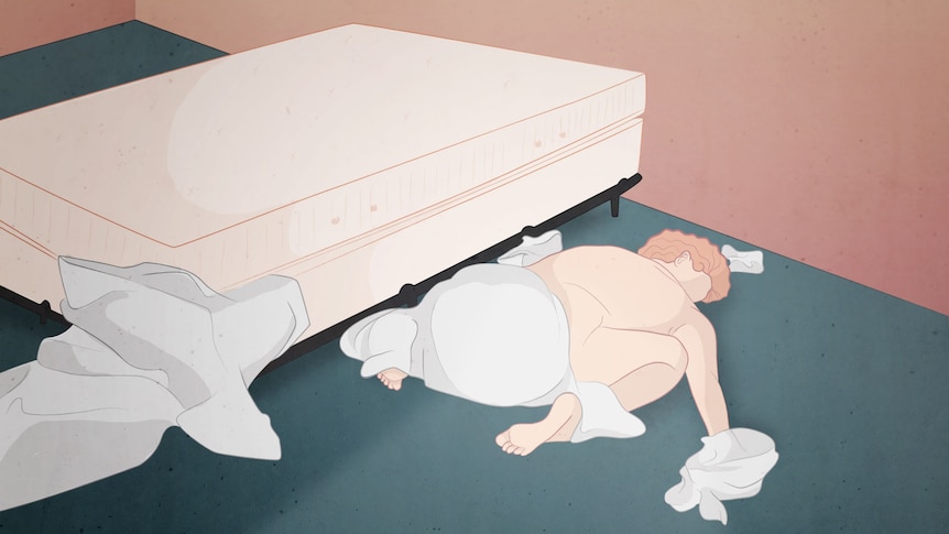 An illustration shows a woman laying on the floor with knees hiked up, next to a bed, the sheets wrapped around her lower half