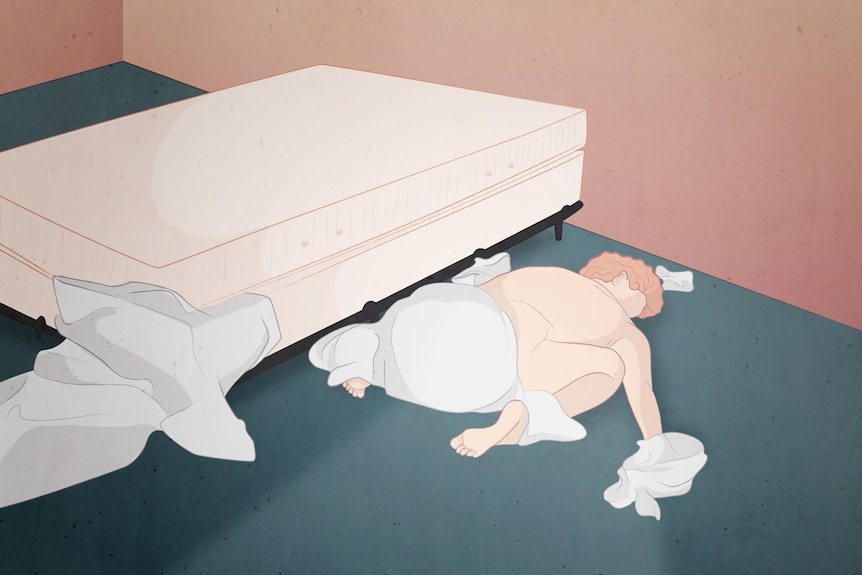 An illustration shows a woman laying on the floor with knees hiked up, next to a bed, the sheets wrapped around her lower half