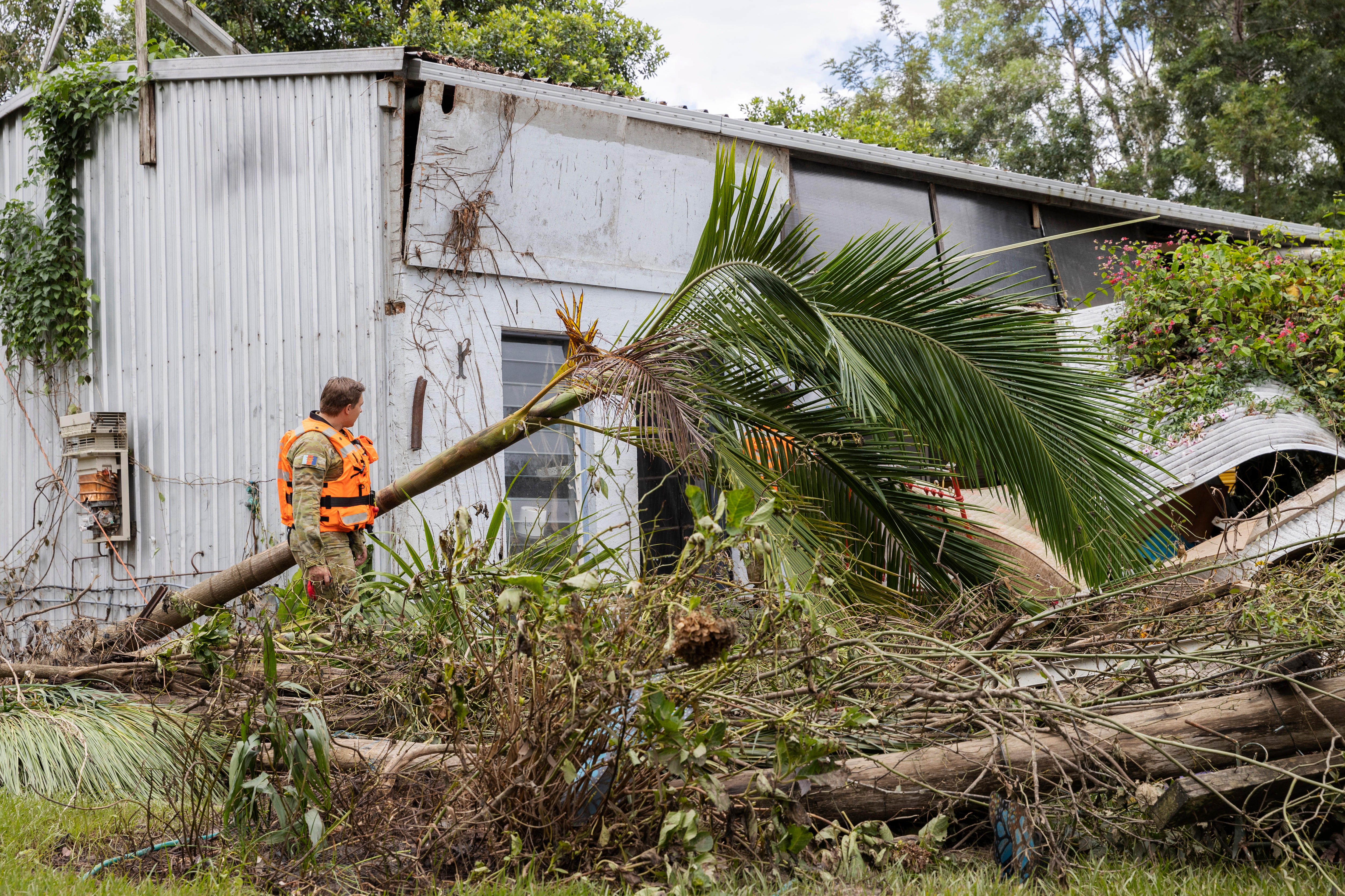 A soldier in a high-viz vest stares at a fallen palm tree and destroyed property.