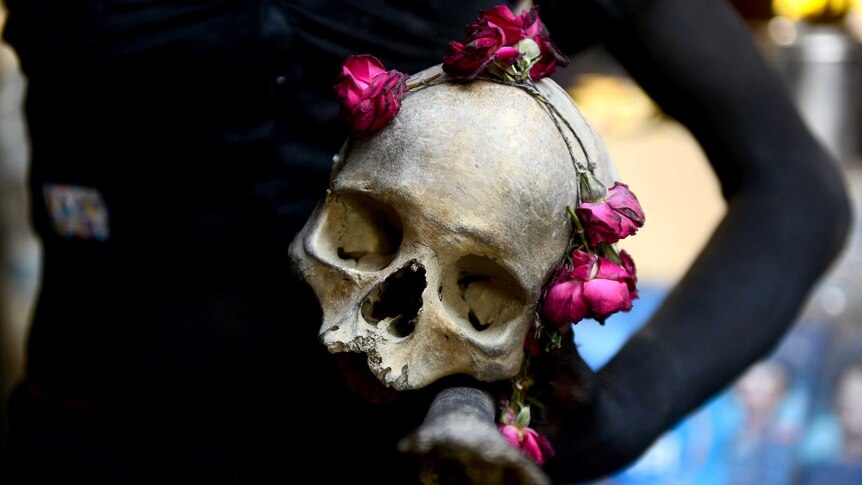 Close up of a human skull adorned with flowers being held under someone's arm.